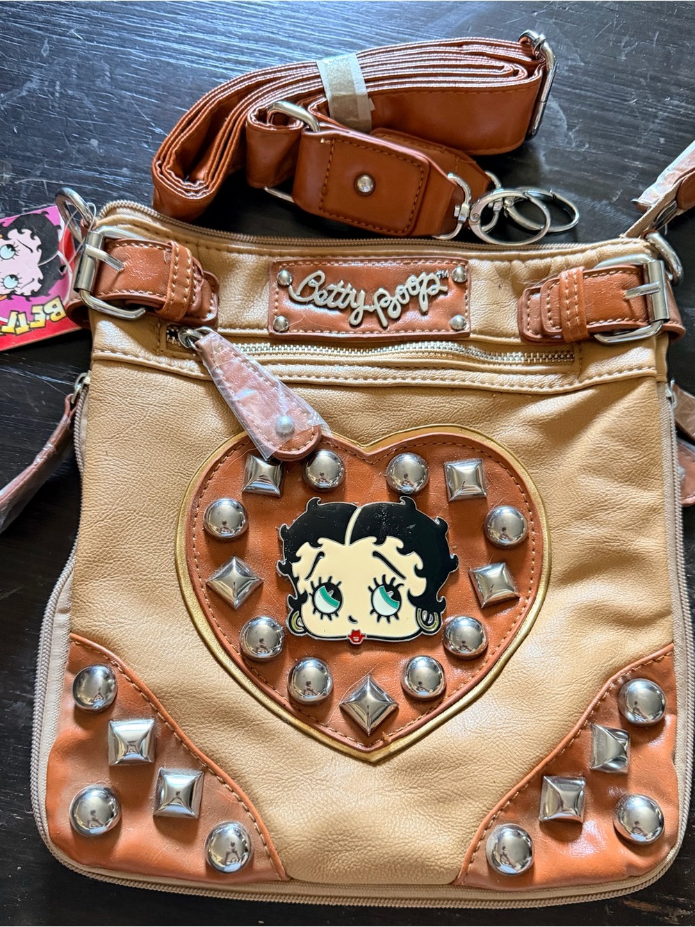 Betty Boop Beige & Tan Studded Heart Crossbody Bag